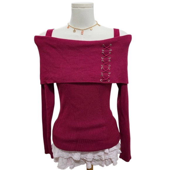 White House Black Market hot pink / red off the shoulder top - Picture 4 of 5